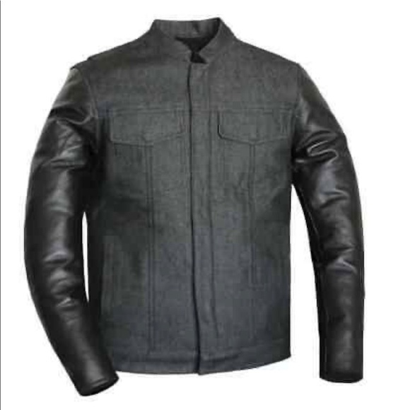 Motorcycle Mens Black Denim Leather Vest Jacket Biker Style Concealed Carry - Picture 1 of 5